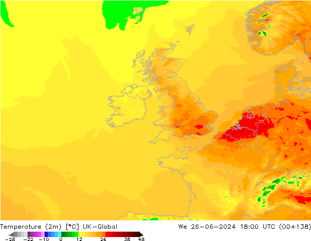 Temperatura (2m) UK-Global mié 26.06.2024 18 UTC