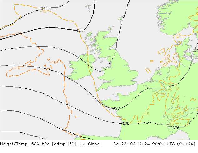 Géop./Temp. 500 hPa UK-Global sam 22.06.2024 00 UTC