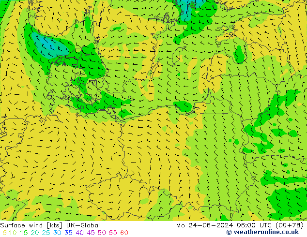 Surface wind UK-Global Mo 24.06.2024 06 UTC