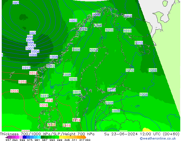 Thck 700-1000 hPa UK-Global dom 23.06.2024 12 UTC