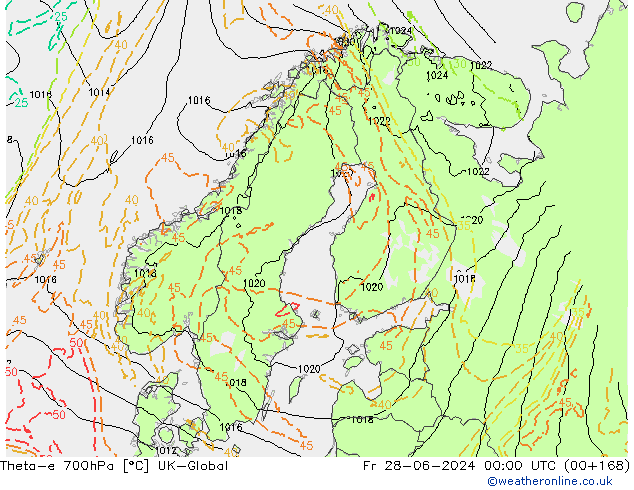 Theta-e 700hPa UK-Global Cu 28.06.2024 00 UTC