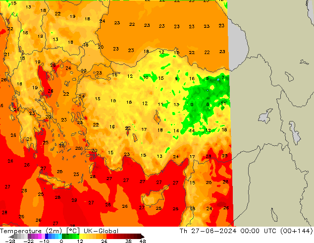 Temperatura (2m) UK-Global jue 27.06.2024 00 UTC