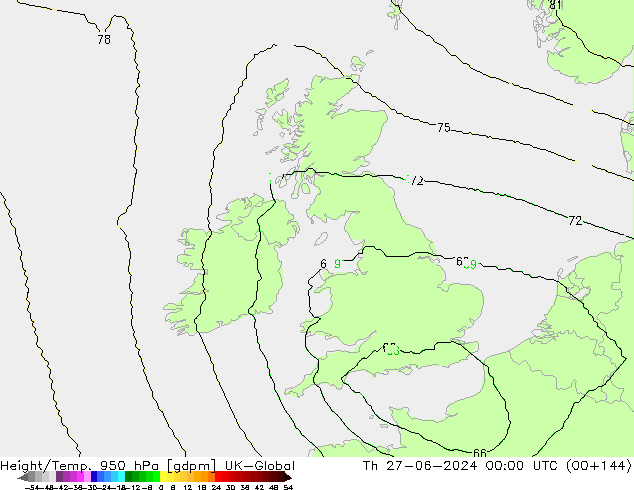 Height/Temp. 950 гПа UK-Global чт 27.06.2024 00 UTC