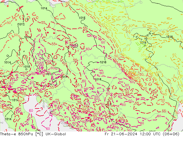 Theta-e 850hPa UK-Global ven 21.06.2024 12 UTC