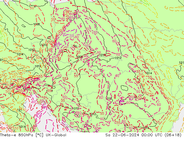 Theta-e 850hPa UK-Global sam 22.06.2024 00 UTC