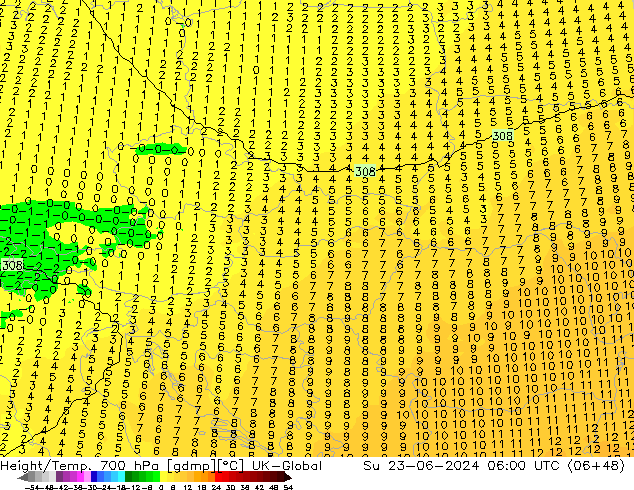 Height/Temp. 700 hPa UK-Global Dom 23.06.2024 06 UTC