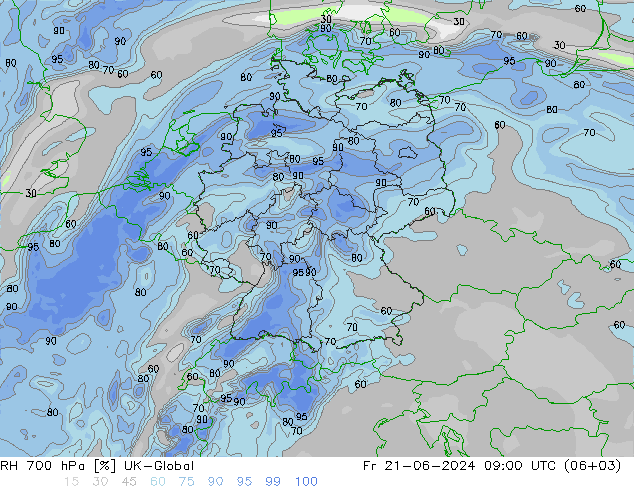 RH 700 hPa UK-Global Fr 21.06.2024 09 UTC