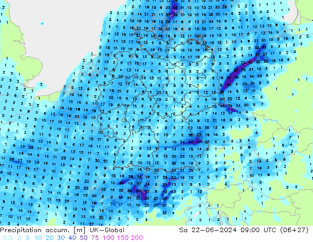 Precipitation accum. UK-Global so. 22.06.2024 09 UTC