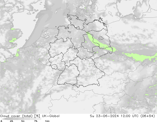 Cloud cover (total) UK-Global Su 23.06.2024 12 UTC
