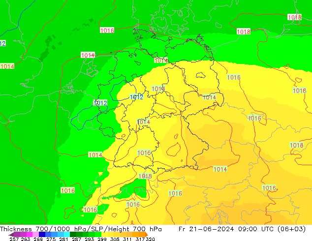 Espesor 700-1000 hPa UK-Global vie 21.06.2024 09 UTC