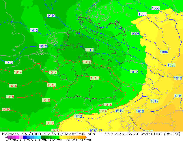 700-1000 hPa Kalınlığı UK-Global Cts 22.06.2024 06 UTC