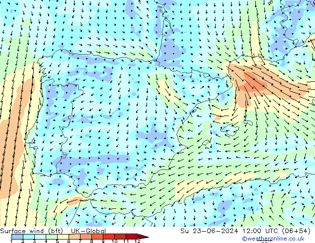 Vent 10 m (bft) UK-Global dim 23.06.2024 12 UTC