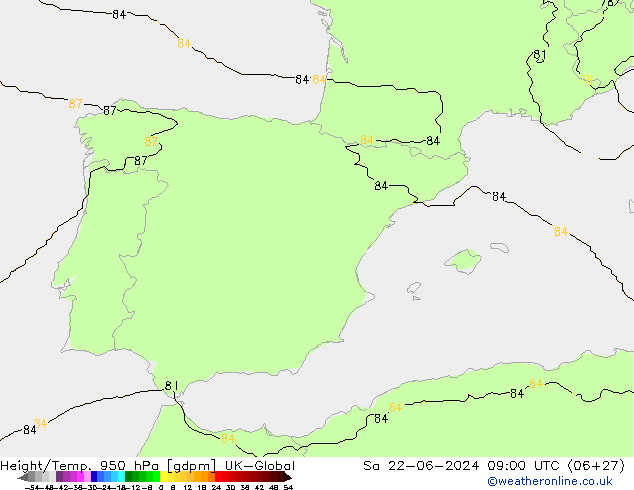 Height/Temp. 950 hPa UK-Global Sa 22.06.2024 09 UTC