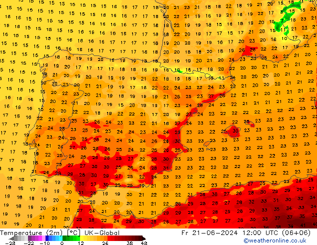 Temperature (2m) UK-Global Pá 21.06.2024 12 UTC