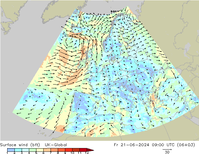 Viento 10 m (bft) UK-Global vie 21.06.2024 09 UTC