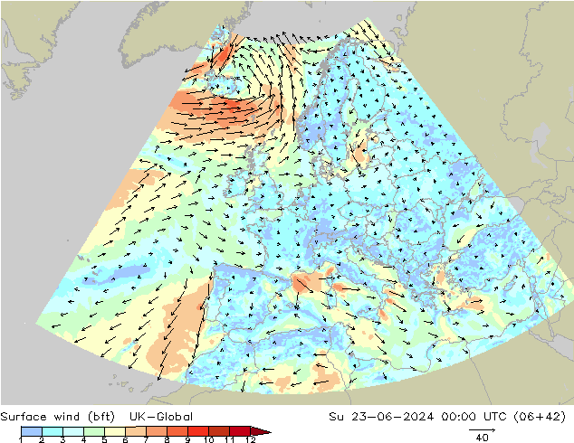 Surface wind (bft) UK-Global Su 23.06.2024 00 UTC