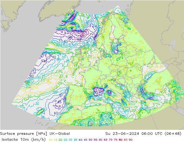 Isotachs (kph) UK-Global Dom 23.06.2024 06 UTC