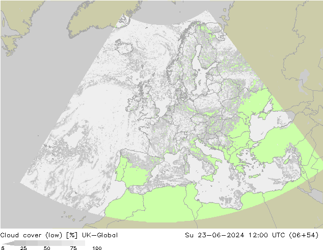 Cloud cover (low) UK-Global Su 23.06.2024 12 UTC