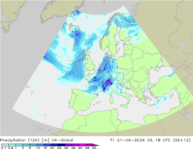 Precipitation (12h) UK-Global Fr 21.06.2024 18 UTC