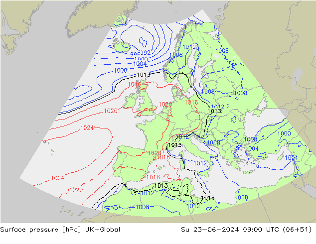 Surface pressure UK-Global Su 23.06.2024 09 UTC