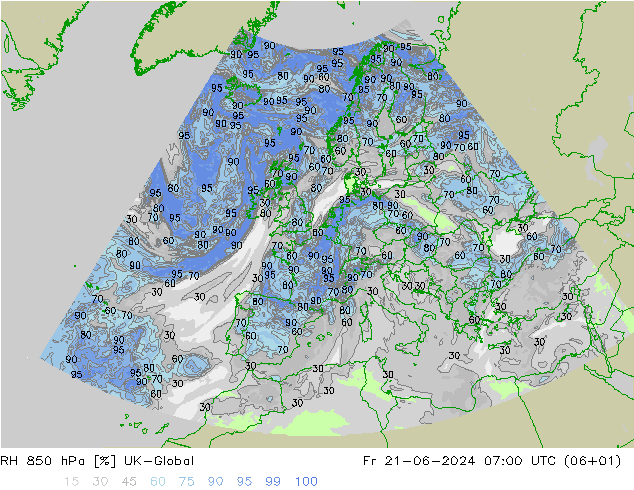 Humedad rel. 850hPa UK-Global vie 21.06.2024 07 UTC