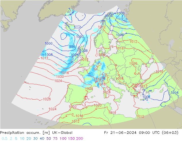 Precipitation accum. UK-Global 星期五 21.06.2024 09 UTC