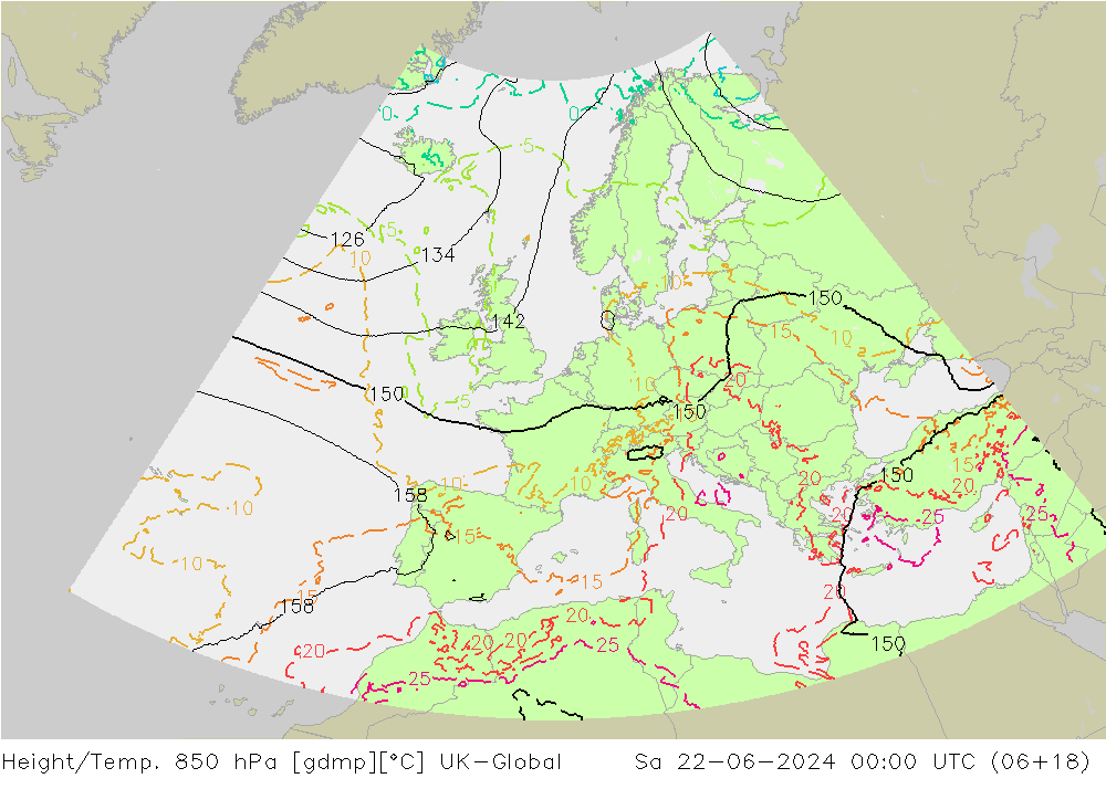 Height/Temp. 850 hPa UK-Global Sa 22.06.2024 00 UTC