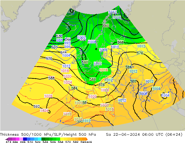 Espesor 500-1000 hPa UK-Global sáb 22.06.2024 06 UTC