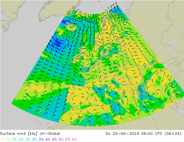 Wind 10 m UK-Global za 22.06.2024 06 UTC