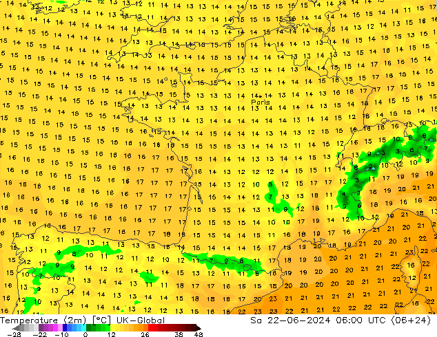 Temperature (2m) UK-Global Sa 22.06.2024 06 UTC