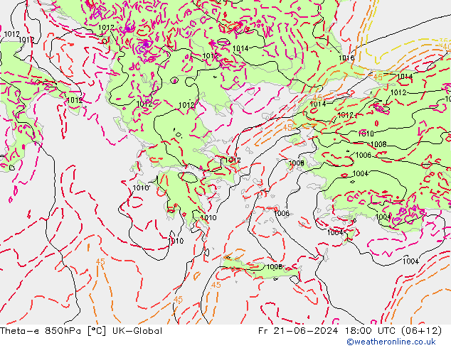 Theta-e 850hPa UK-Global Fr 21.06.2024 18 UTC
