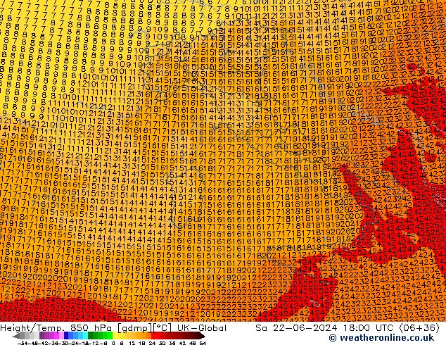 Height/Temp. 850 hPa UK-Global so. 22.06.2024 18 UTC