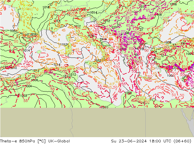 Theta-e 850hPa UK-Global nie. 23.06.2024 18 UTC