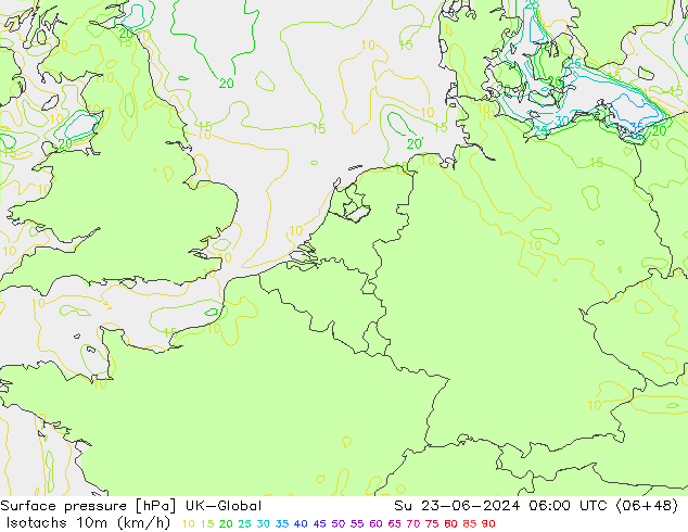 Isotachs (kph) UK-Global Su 23.06.2024 06 UTC