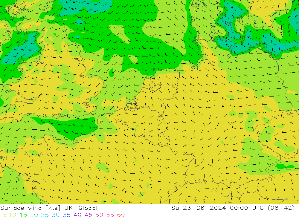 wiatr 10 m UK-Global nie. 23.06.2024 00 UTC