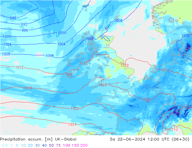 Precipitation accum. UK-Global Sa 22.06.2024 12 UTC