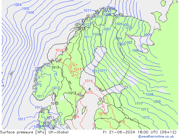 Pressione al suolo UK-Global ven 21.06.2024 18 UTC