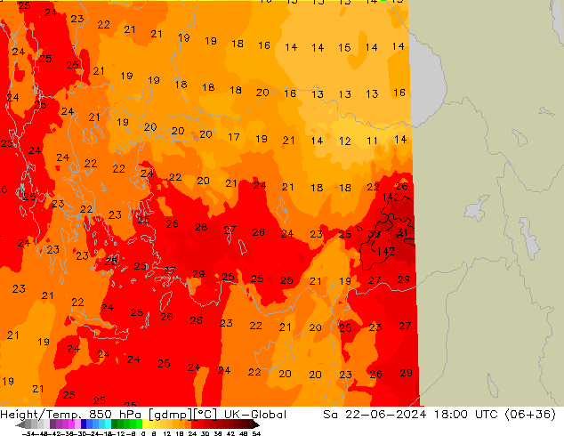 Height/Temp. 850 гПа UK-Global сб 22.06.2024 18 UTC