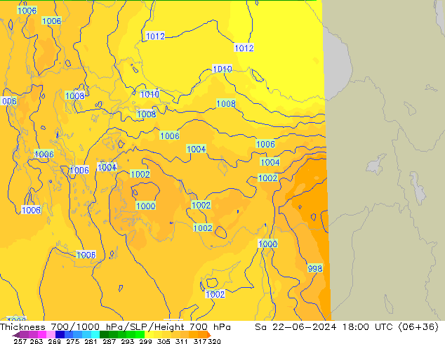 Thck 700-1000 hPa UK-Global Sa 22.06.2024 18 UTC