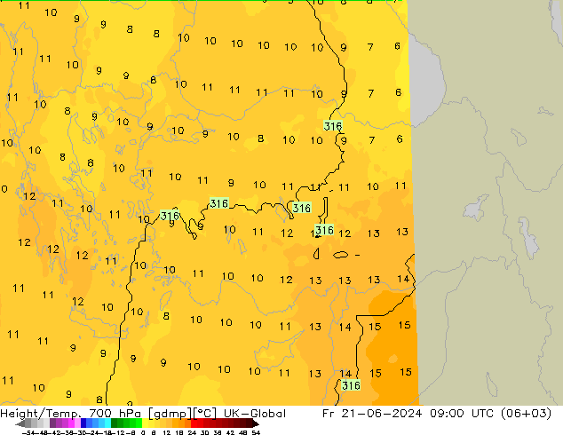 Height/Temp. 700 гПа UK-Global пт 21.06.2024 09 UTC