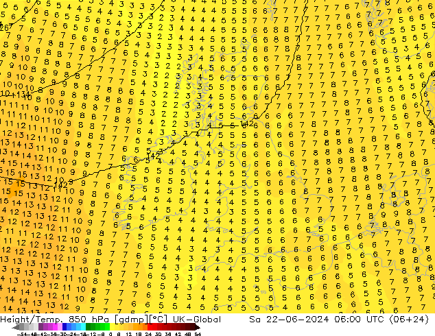 Height/Temp. 850 гПа UK-Global сб 22.06.2024 06 UTC