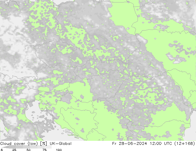 Cloud cover (low) UK-Global Fr 28.06.2024 12 UTC