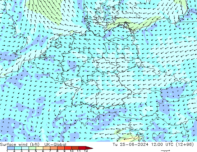 Bodenwind (bft) UK-Global Di 25.06.2024 12 UTC