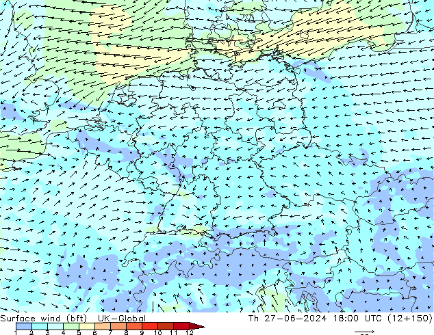 Surface wind (bft) UK-Global Th 27.06.2024 18 UTC