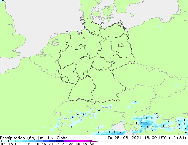 Precipitation (6h) UK-Global Tu 25.06.2024 00 UTC