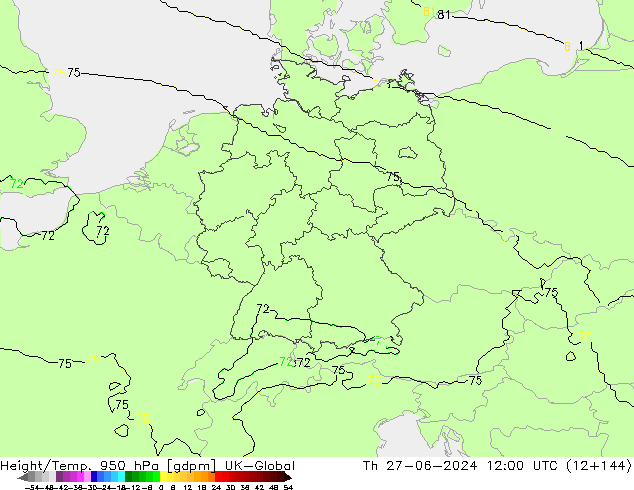 Height/Temp. 950 hPa UK-Global Th 27.06.2024 12 UTC