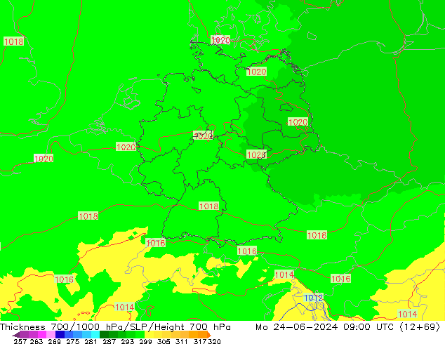 Thck 700-1000 hPa UK-Global Mo 24.06.2024 09 UTC