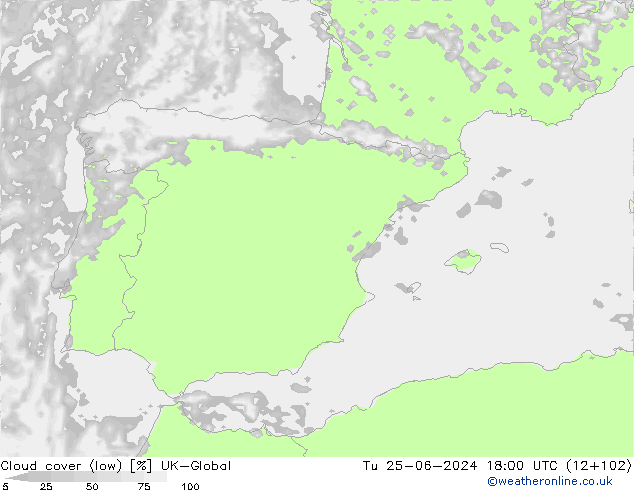 Cloud cover (low) UK-Global Tu 25.06.2024 18 UTC