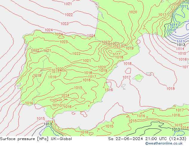 Pressione al suolo UK-Global sab 22.06.2024 21 UTC