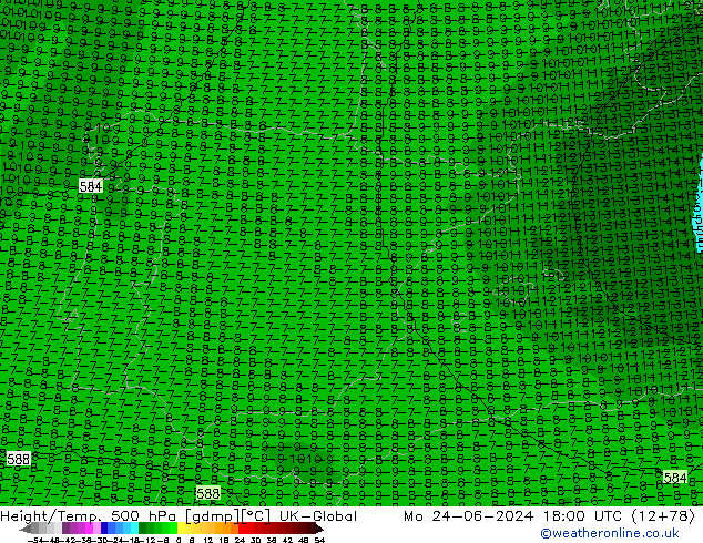 Height/Temp. 500 hPa UK-Global Mo 24.06.2024 18 UTC